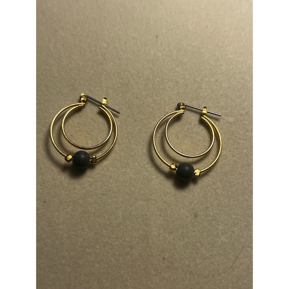Modernist Gold Tone Double Hoop Dangle Earrings – Matte Black Bead Hoops - Picture 2 of 7